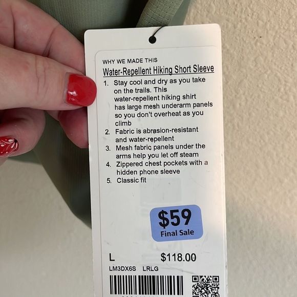 Lululemon Mens Water-Repellent Hiking Short Sleeve Shirt in Laurel green NWT - Picture 3 of 6